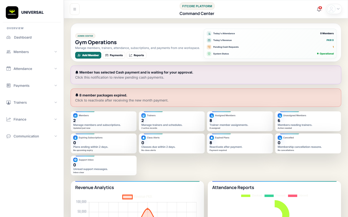 Real FitCore admin dashboard showing gym statistics, attendance, payments, reports, and sidebar navigation